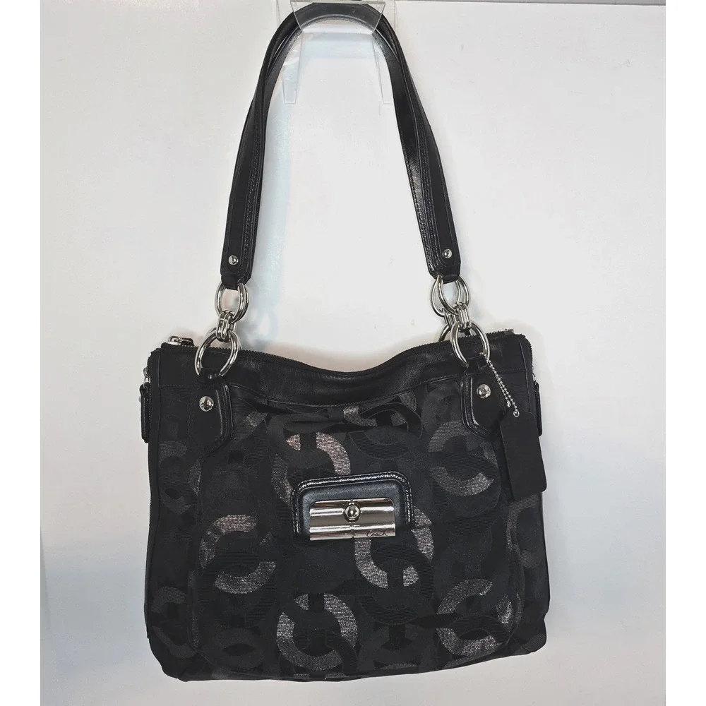 Coach Sig Kristin Metallic Zip Bag Tote Shoulder Bag Black/Silver 18286